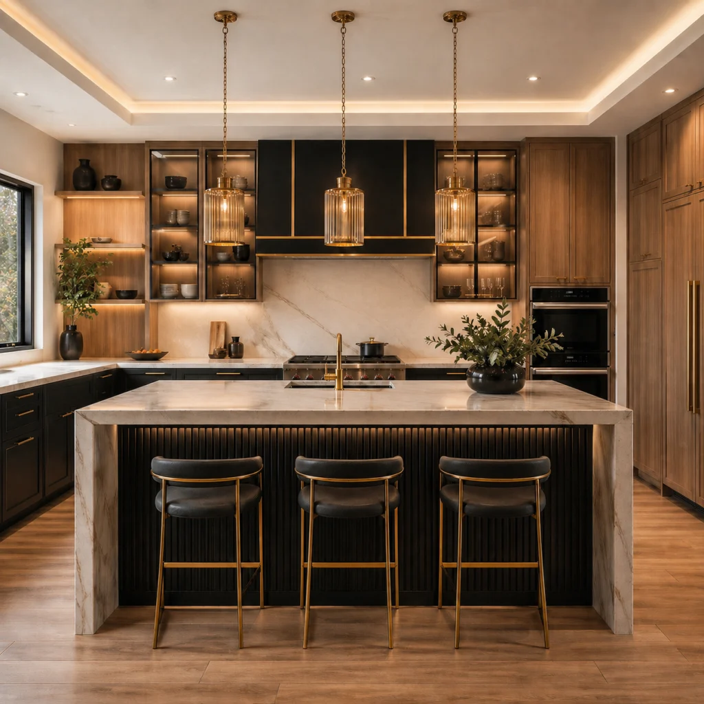 Kitchen with a large island, bar seating, two-tone cabinetry and pendant lighting