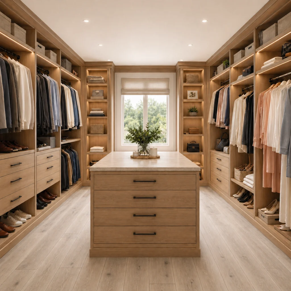 Custom walk-in closet with fitted cabinetry and a central island