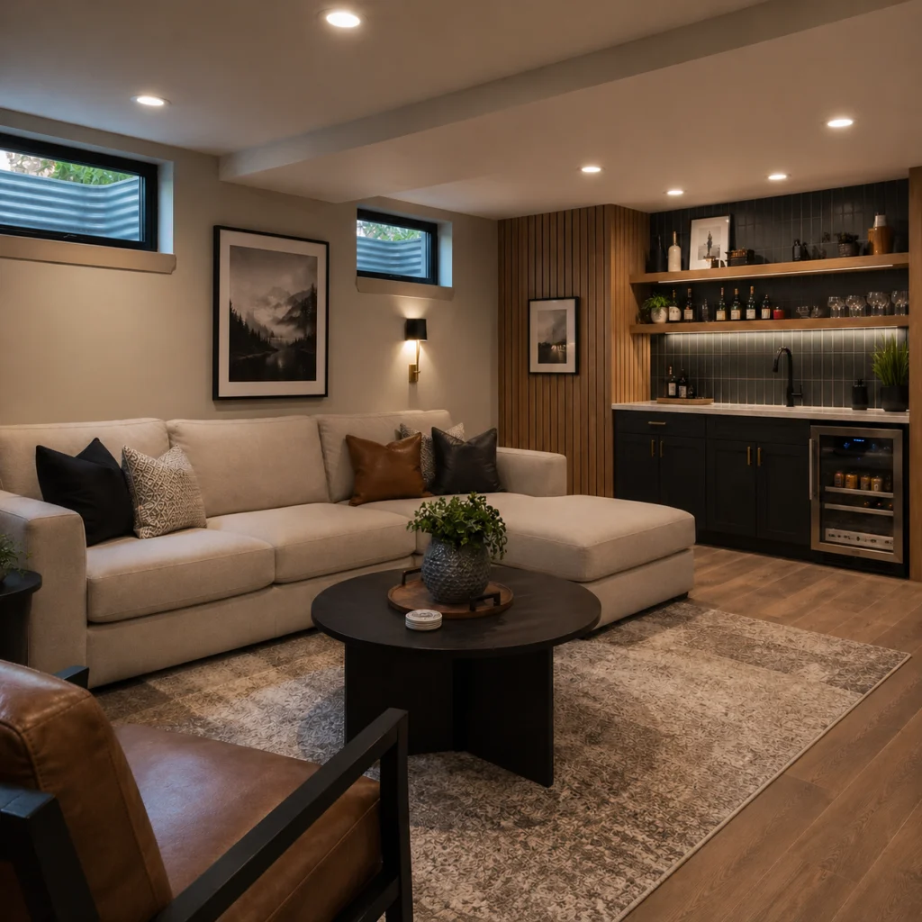 Finished basement living area with a sectional sofa, wet bar and recessed lighting