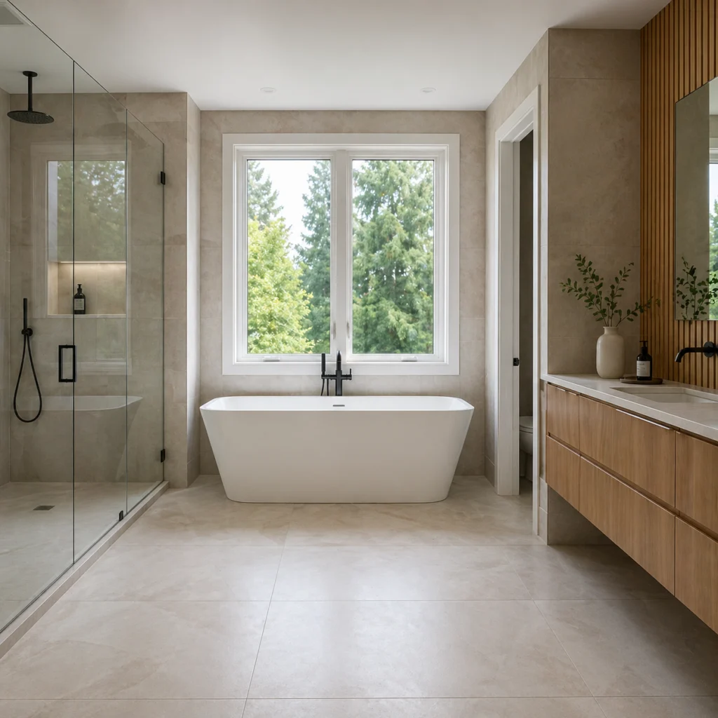 Bathroom with a walk-in glass shower, freestanding tub and wood vanity