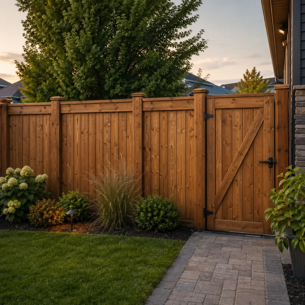 Cedar privacy fence and matching gate beside an interlock walkway