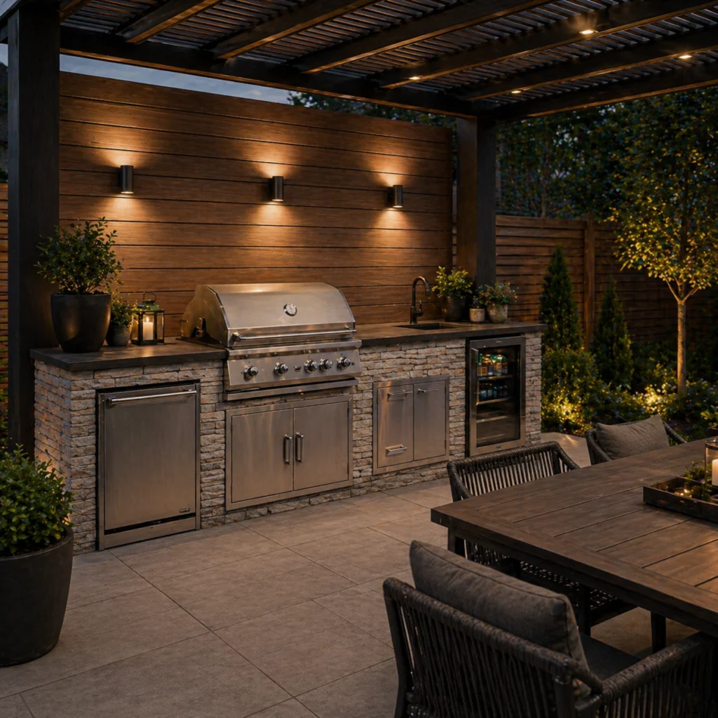 Outdoor kitchen with a built-in grill, stone counter and evening lighting