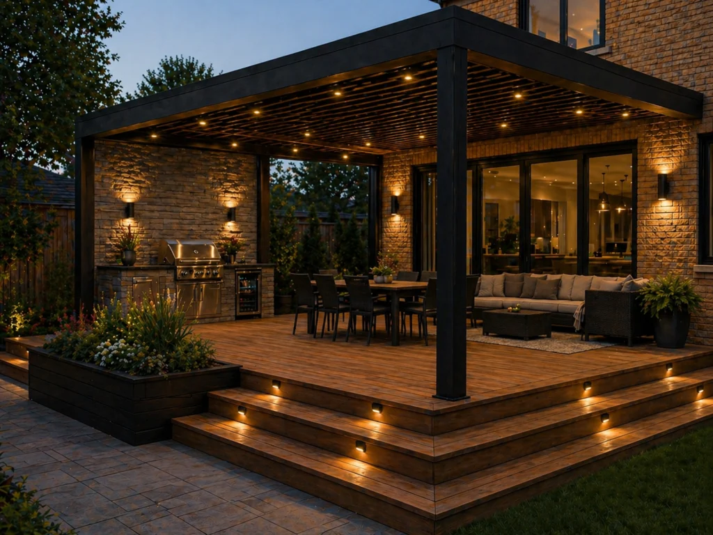 Raised deck with a black pergola, lit steps and outdoor seating