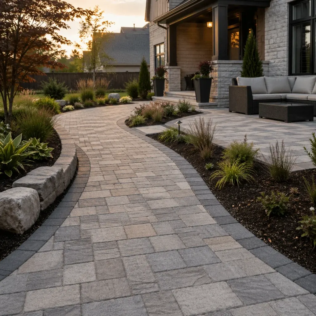 Curved interlock walkway with a border band leading to a covered porch