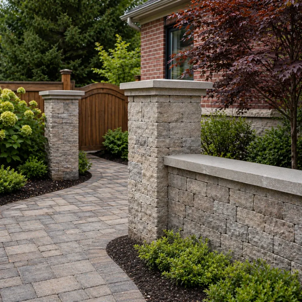 Stone pillars and a garden wall beside an interlocking stone walkway