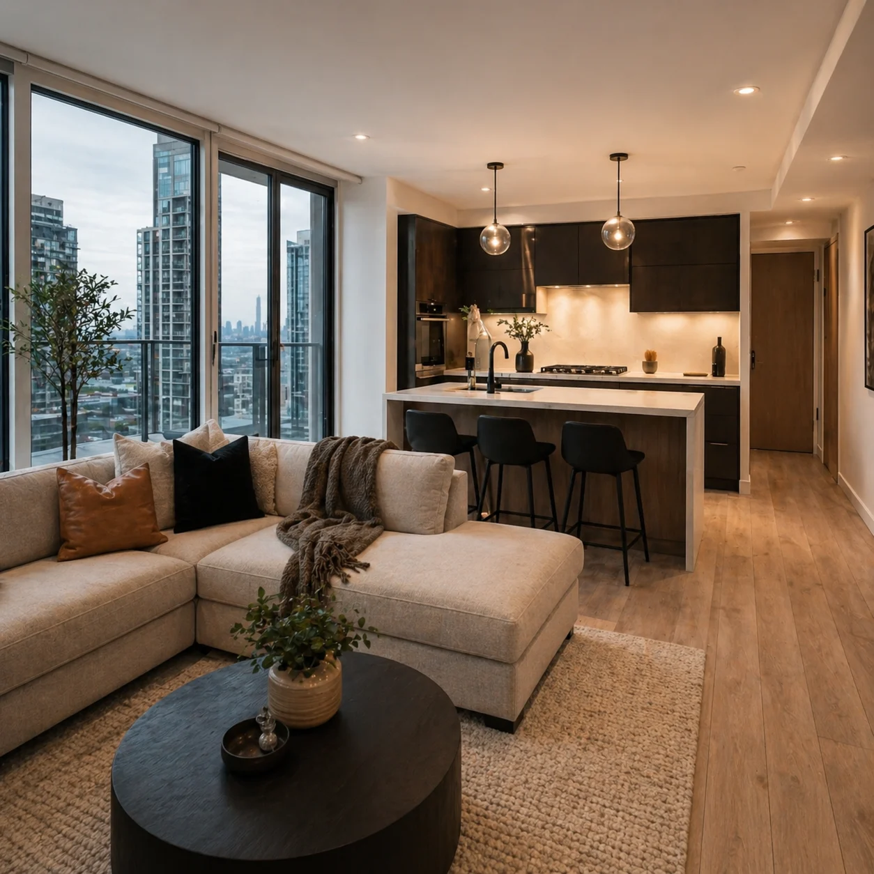Renovated condo living space with an open kitchen and a city view