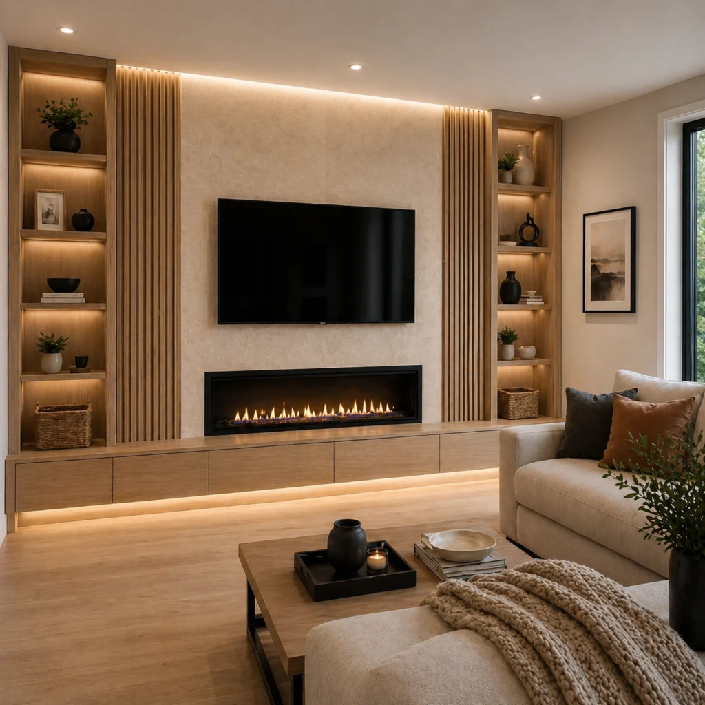 Living room feature wall with a linear fireplace, TV niche and lit shelving