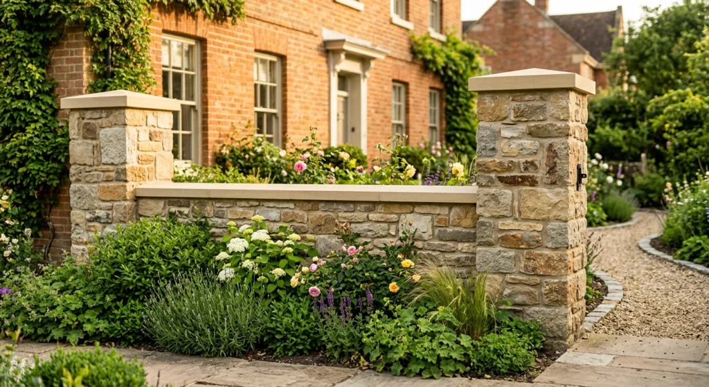 Stone pillars and a low garden wall in front of a brick house