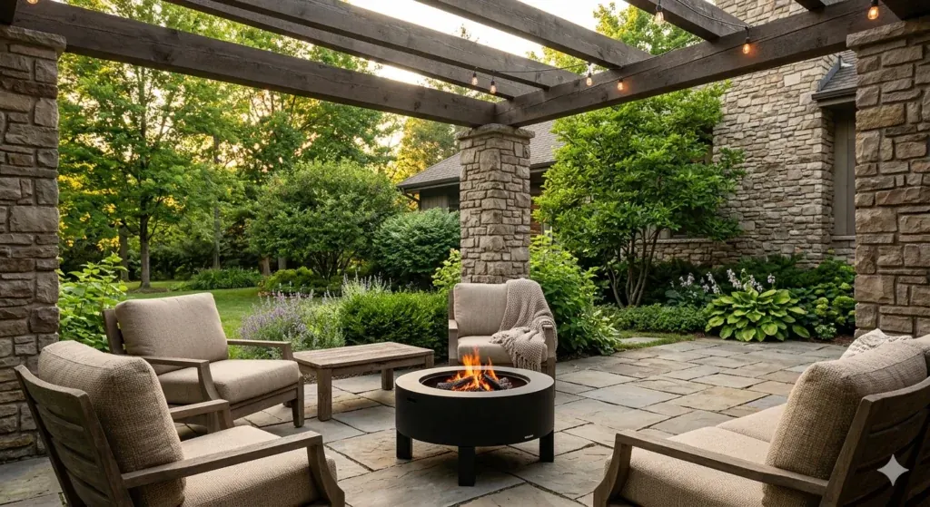 Pergola over a flagstone patio with lounge chairs and a fire table