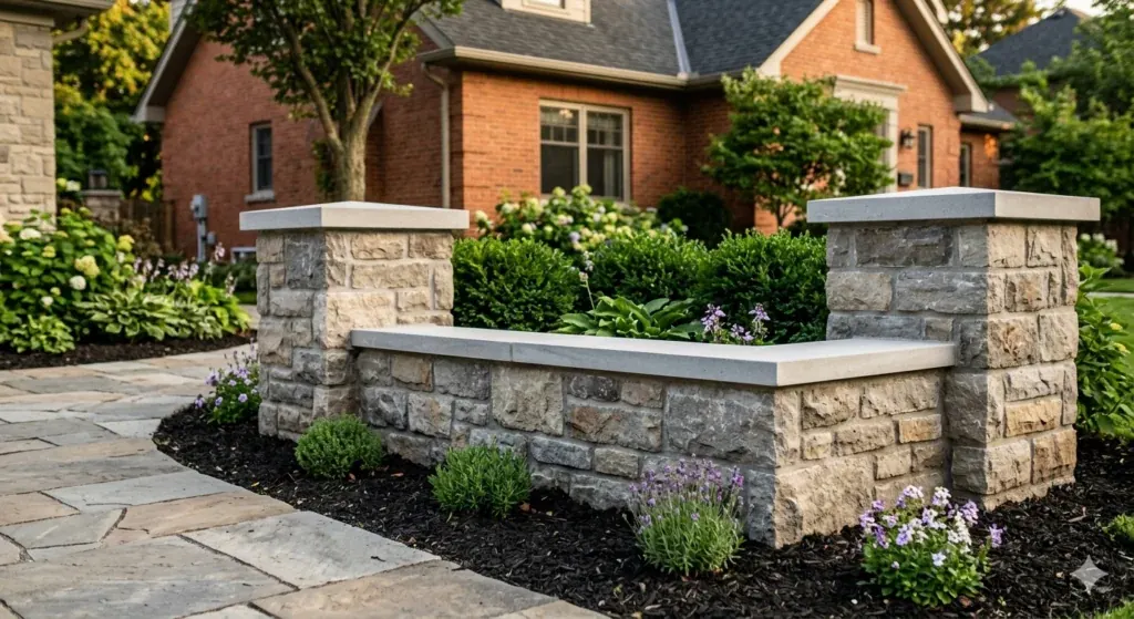Stone pillars with caps and a low garden wall beside a flagstone path