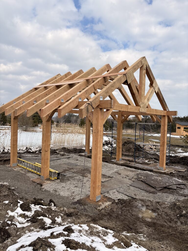 Heavy timber gazebo frame with king-post trusses