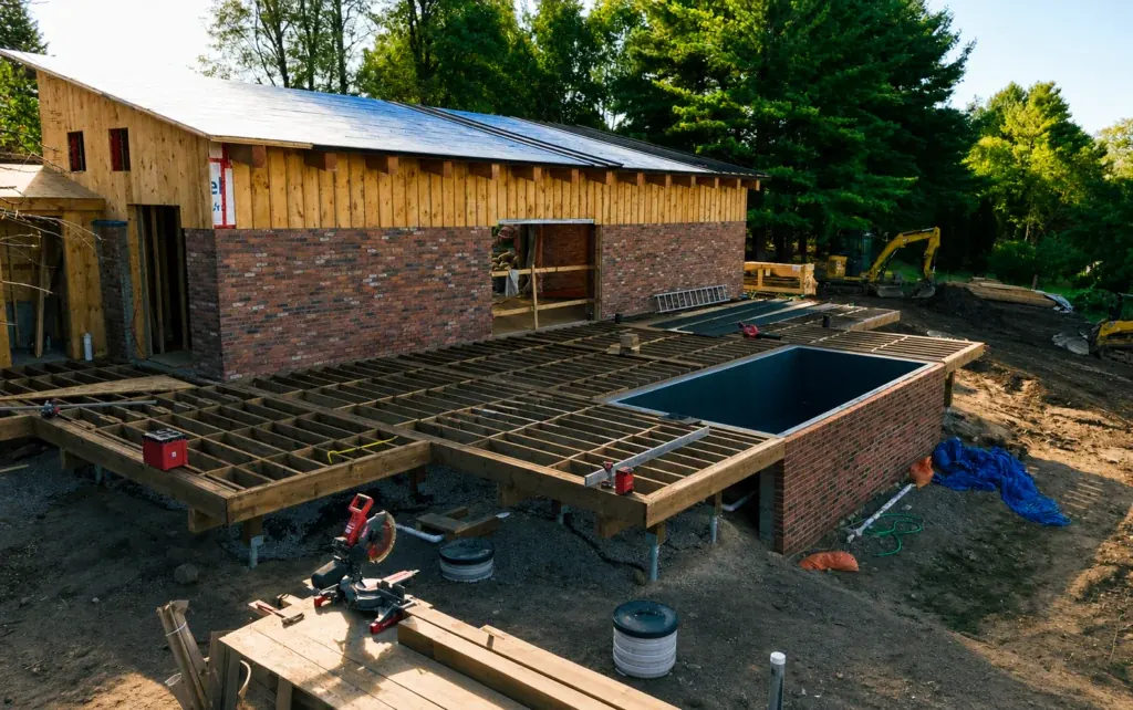 Deck framing and footings beside a house under construction