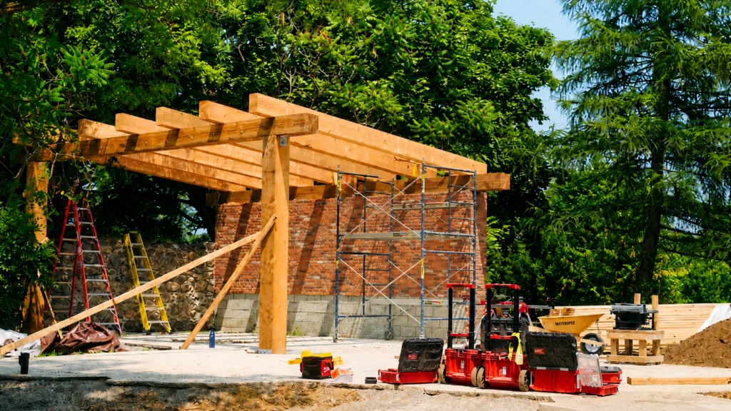 Heavy timber pergola structure under construction beside a brick building