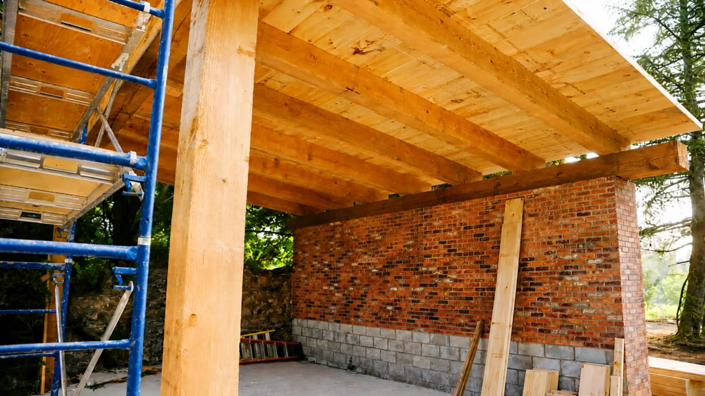 Heavy timber roof framing and posts for a covered patio