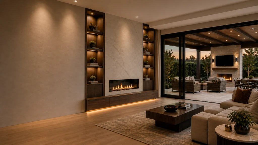 Renovated living room with a linear fireplace, built-in millwork, wood flooring and sliding doors to a covered outdoor space