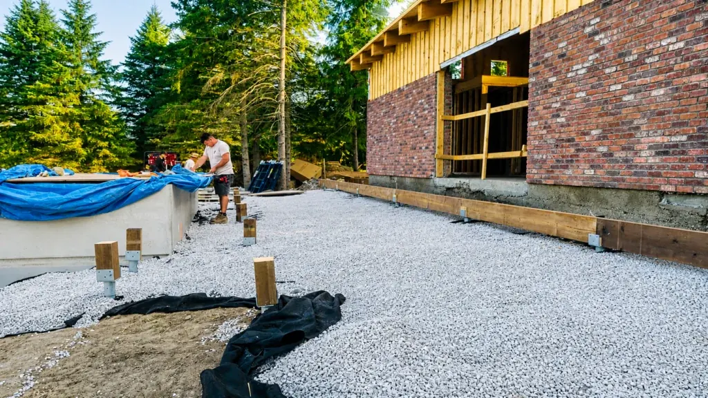 Gravel base and footings prepared for a large deck
