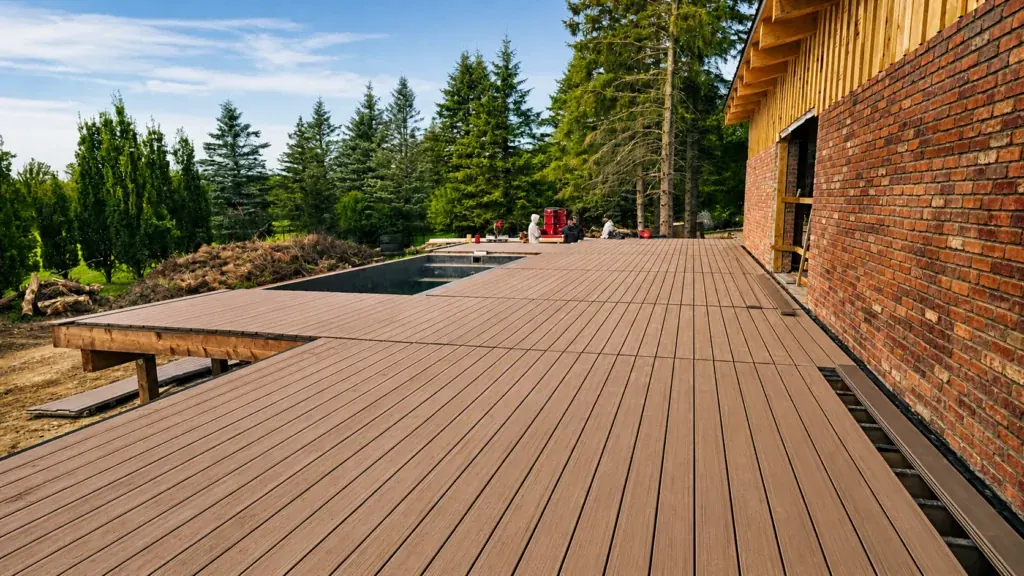 Composite deck surface along a brick house wall