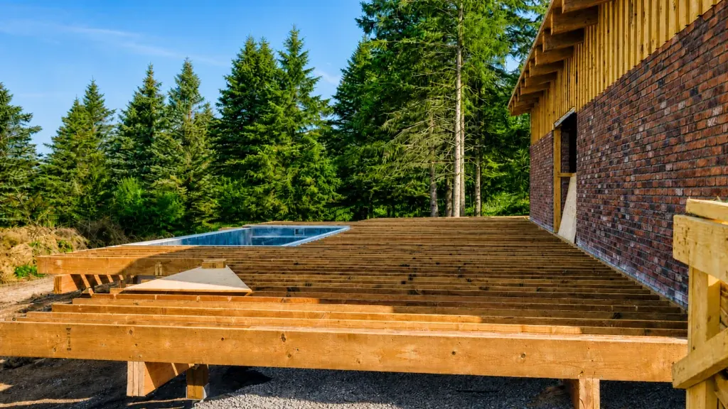 Deck joist framing beside a brick house
