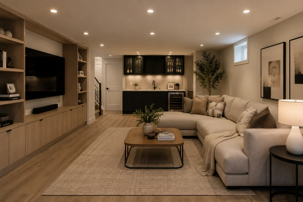 Finished basement living area with a media wall and built-in bar