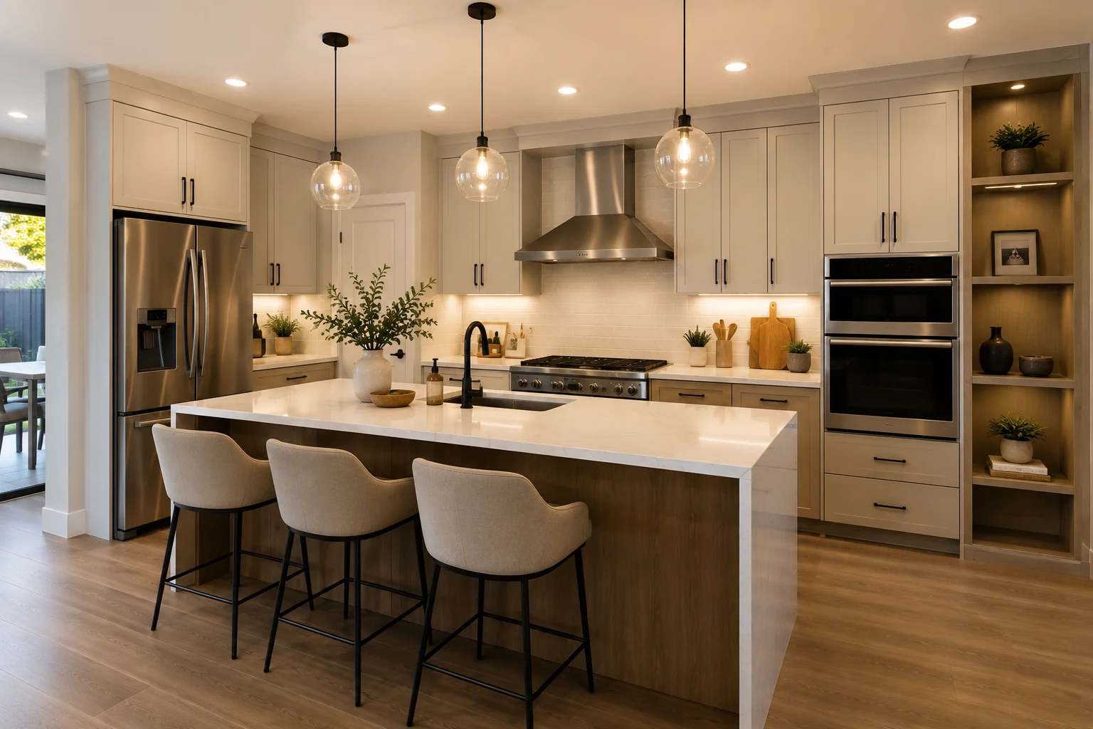 Renovated kitchen with a quartz island, glass pendant lights, shaker cabinetry and a stainless steel range hood