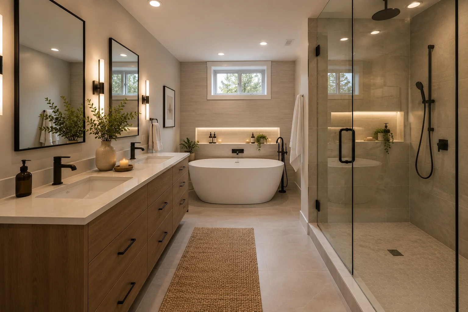 Renovated bathroom with a double vanity, freestanding tub, walk-in glass shower and a backlit wall niche