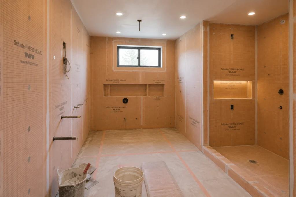 Bathroom mid-renovation with waterproofing board on the walls, a tiled shower niche and recessed lighting wired in at rough-in stage