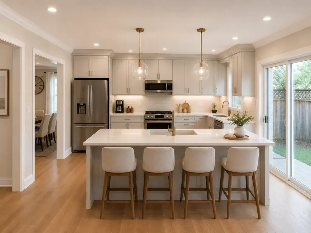 Renovated kitchen opening onto the back garden of a Toronto-area home