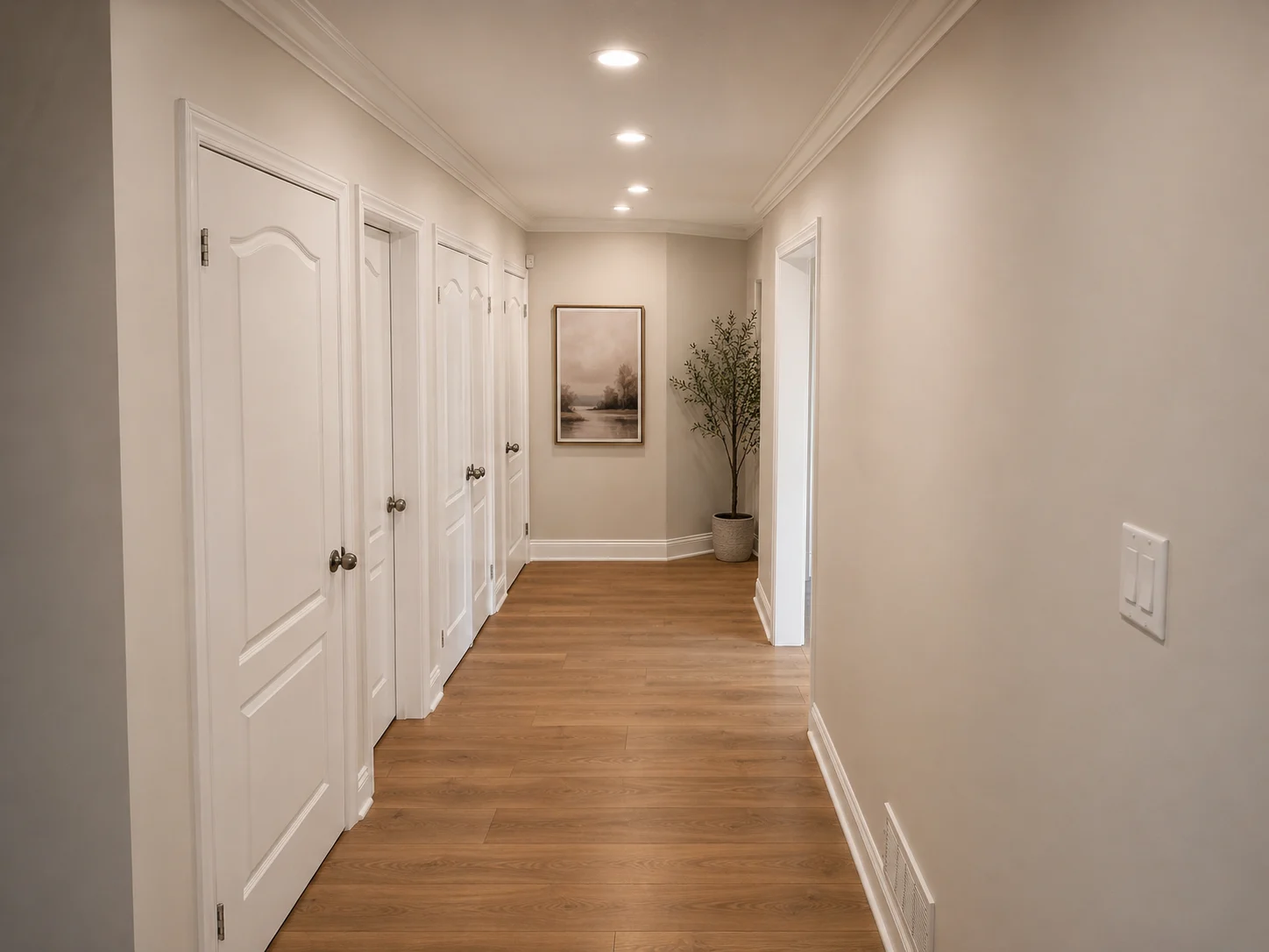 Renovated hallway with new flooring, trim and doors in a finished home