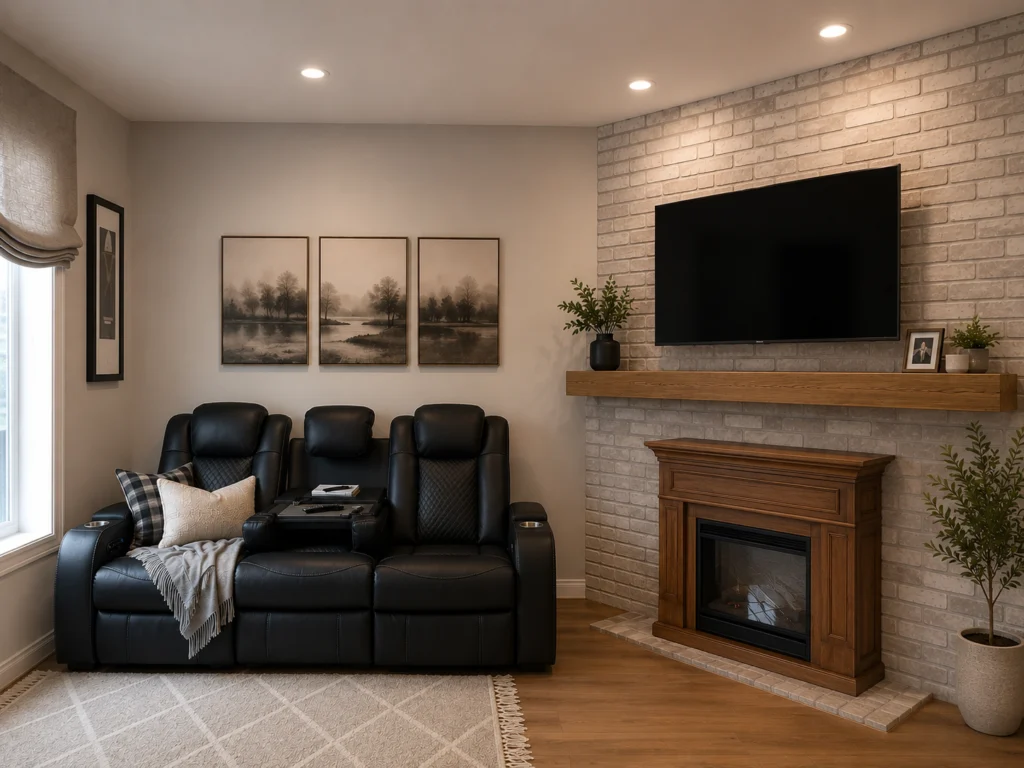 Family room with a brick accent wall, wood mantel fireplace and mounted TV
