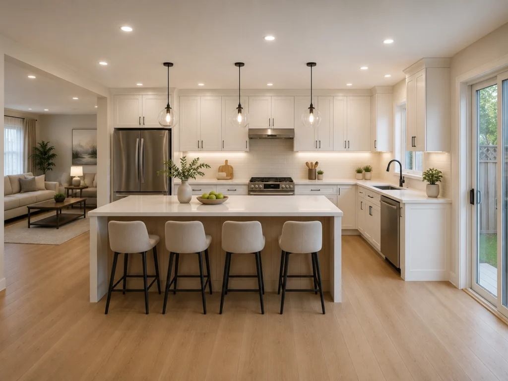 Renovated kitchen with a large island, pendant lighting and full-height cabinetry