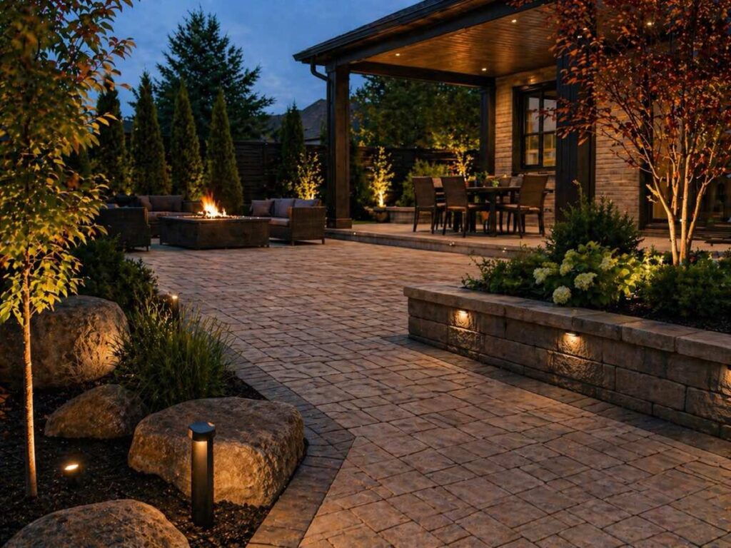Interlocking stone patio and walkway with garden lighting