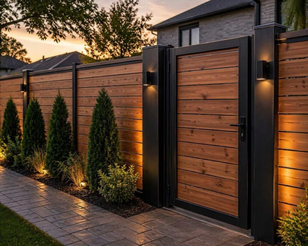 Cedar privacy fence and matching gate with landscape lighting