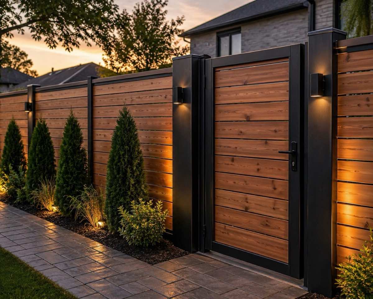 Cedar privacy fence and matching gate with landscape lighting