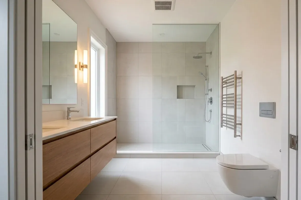 A bright bathroom seen from the doorway: a walk-in shower behind a fixed glass panel with a linear drain and a recessed niche, a floating wood double vanity with a mirror and wall sconce on the left, and a wall-hung toilet and heated towel rail on the right, with open floor space between them.
