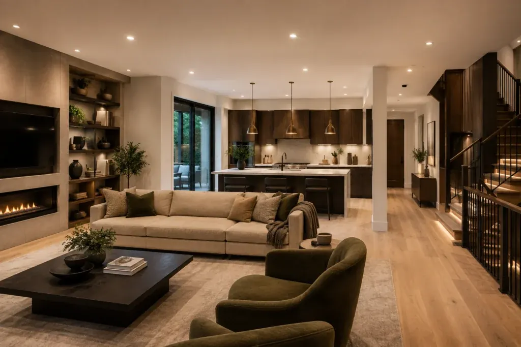 Open-concept main floor with a linear fireplace wall, living area and kitchen