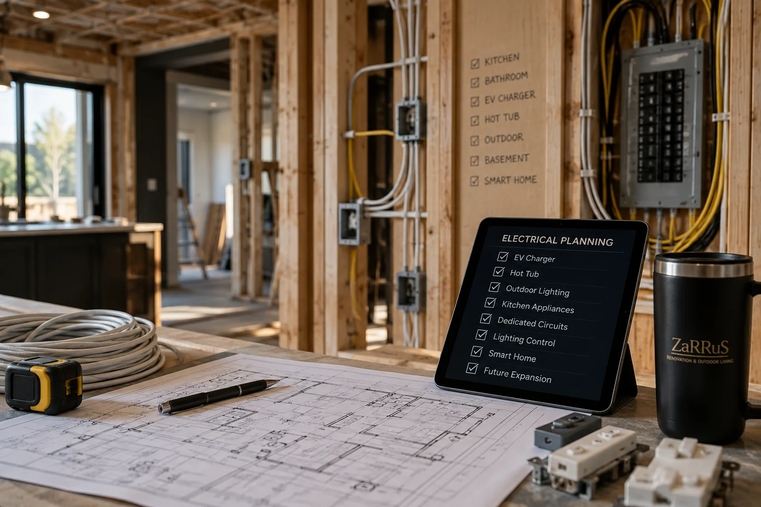 Floor plan drawings, a tape measure, a coil of cable and a tablet with an electrical planning checklist on a table, in front of framed walls with exposed wiring, outlet boxes and an open electrical panel