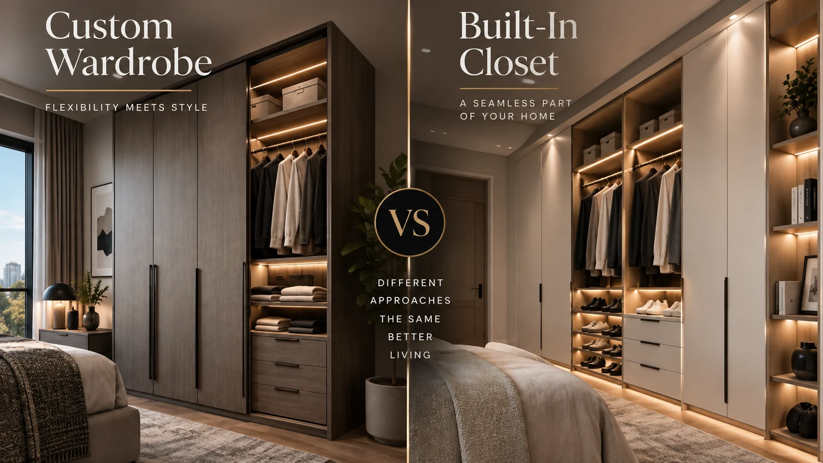 A bedroom shown in two halves under the headings Custom Wardrobe and Built-In Closet: on the left a dark-wood freestanding wardrobe with hinged doors and an open section holding hanging garments, folded clothes and drawers; on the right a pale built-in closet fitted into the wall with lit hanging rails, shoe shelving, drawers and open display shelves.