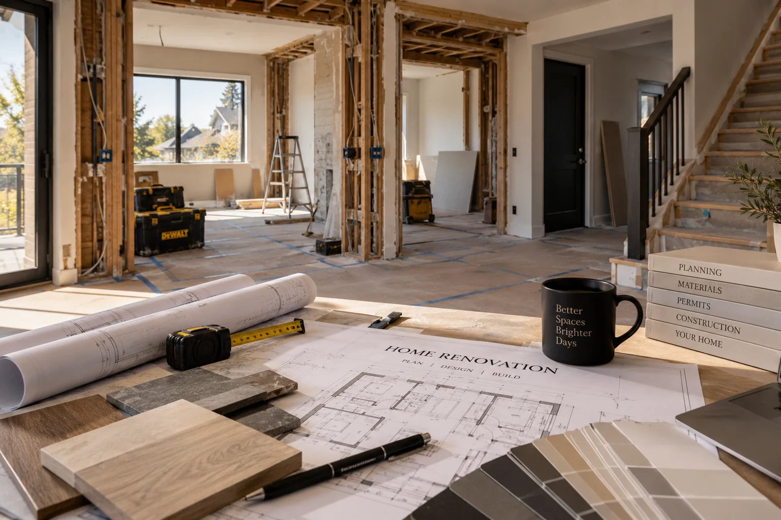 Renovation planning materials on a work surface — rolled blueprints, a tape measure, a floor plan, wood and stone samples and paint swatches — in a house with walls stripped to the studs.
