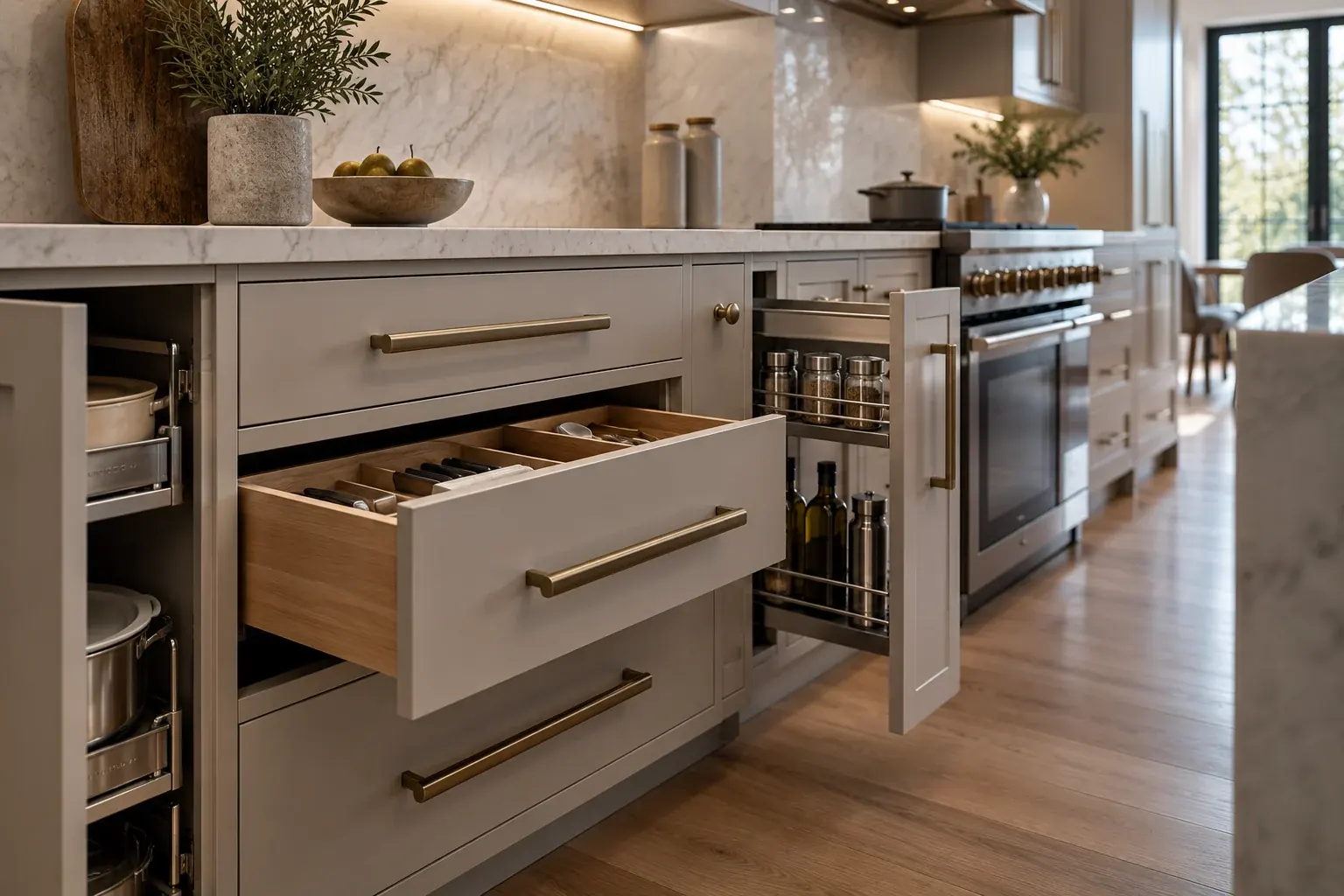 A kitchen cabinet run with brass bar pulls: one drawer open showing a wood drawer box with divided cutlery inserts, a narrow pull-out rack holding spice jars and bottles beside it, and pot storage pull-outs at left, below a marble countertop.