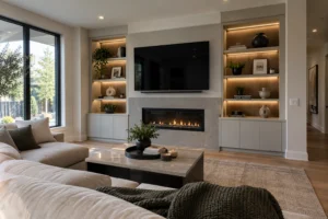 Living Room Built-Ins Around a Fireplace, TV and Windows