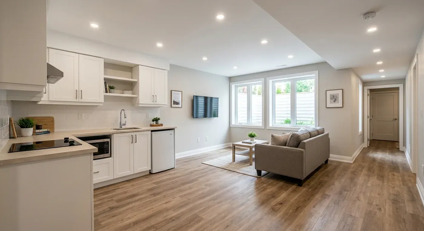 Design concept of a finished Brampton basement with a kitchenette, open living area and large egress windows