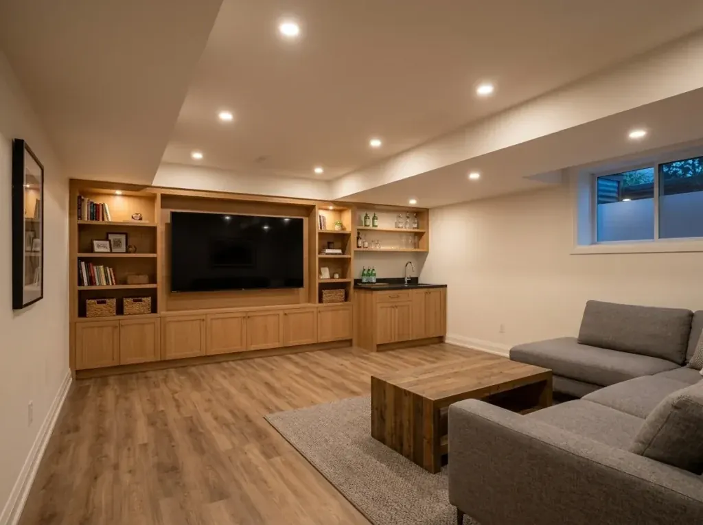 Design concept of a finished Etobicoke bungalow basement with a media wall, built-in oak shelving and a wet bar