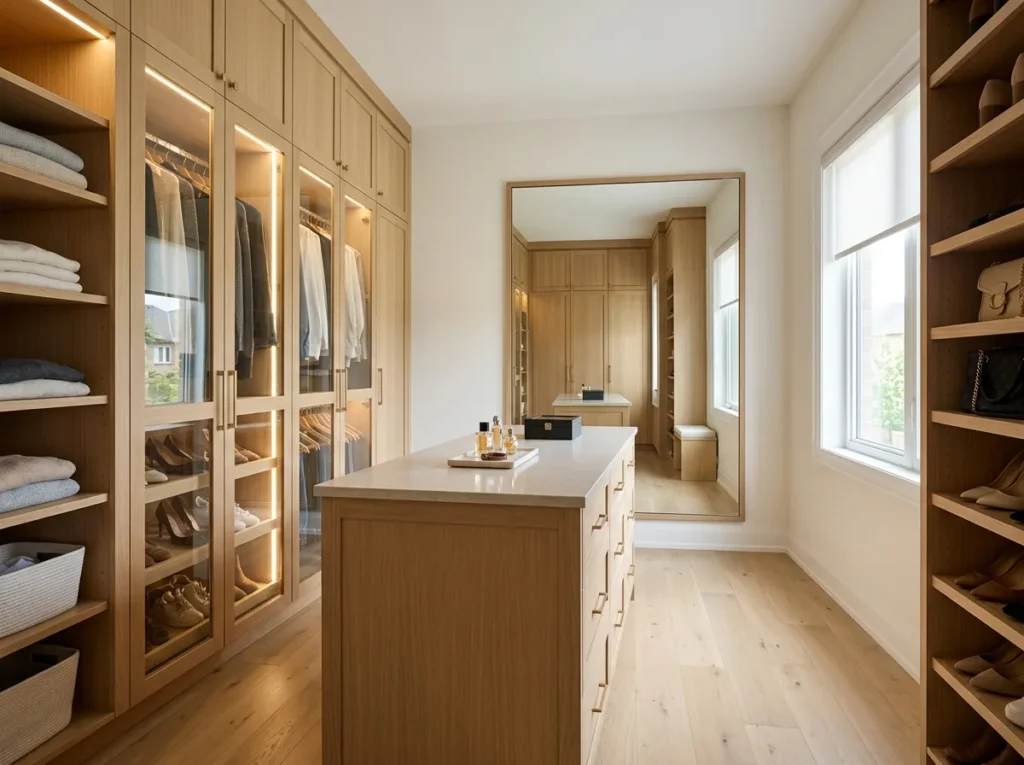 Design concept of a custom walk-in closet in a Markham home with glass-front oak cabinetry and a central island
