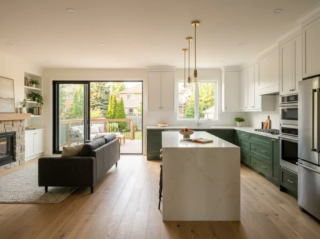 Design concept of a Mississauga kitchen and family room with green lower cabinets, white uppers and a quartz waterfall island