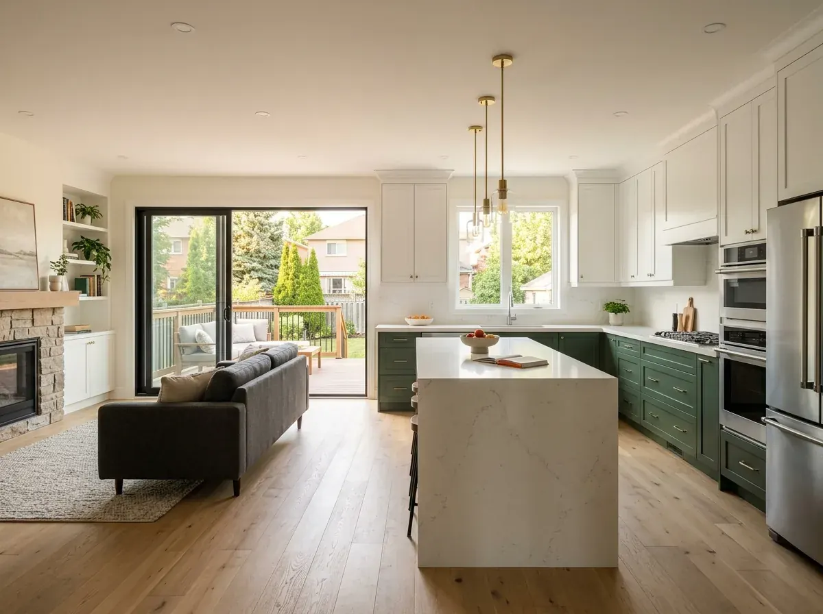 Design concept of a Mississauga kitchen and family room with green lower cabinets, white uppers and a quartz waterfall island