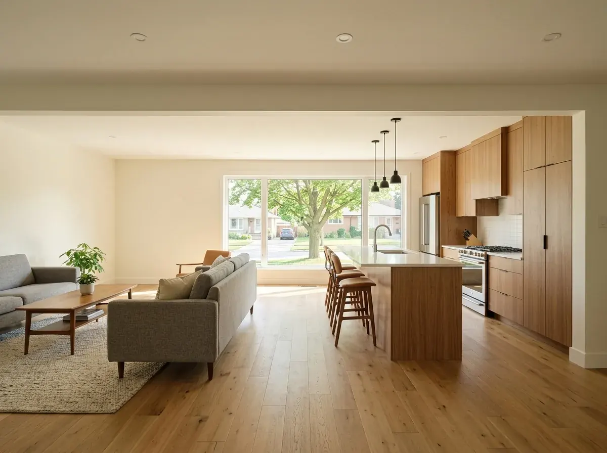 Design concept of a North York bungalow main floor opened up between kitchen and living room, with a walnut kitchen island