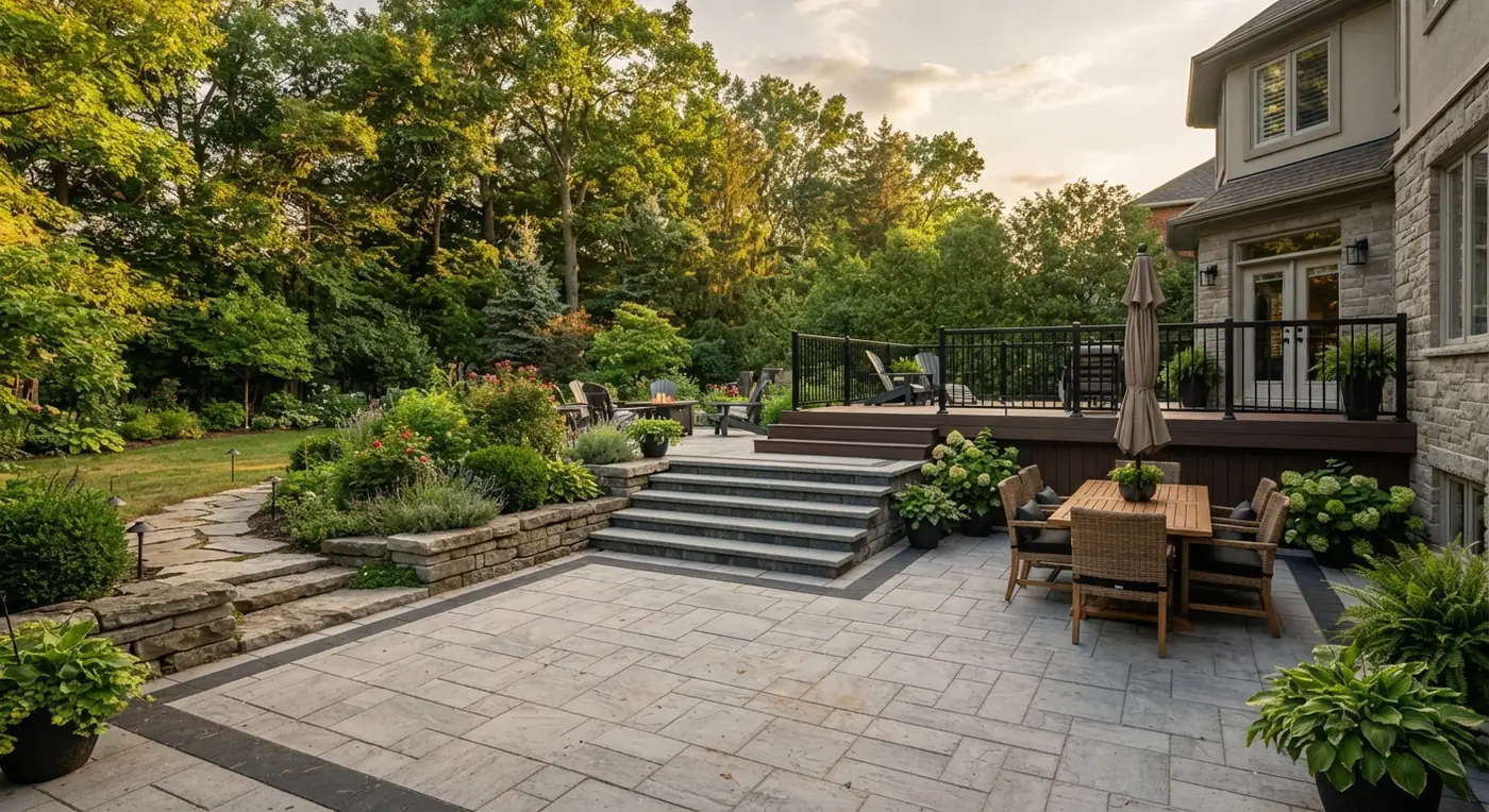 Design concept of an Oakville backyard with an interlock patio, stone garden walls and steps up to a composite deck