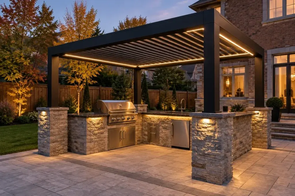 Design concept of an outdoor kitchen at a Richmond Hill home, with black aluminium pergola posts built into the stone-clad island columns