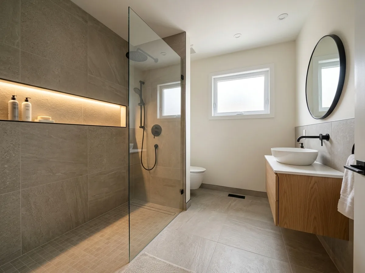 Design concept of a renovated Scarborough bathroom with a curbless walk-in shower, large-format tile and a wall-hung oak vanity