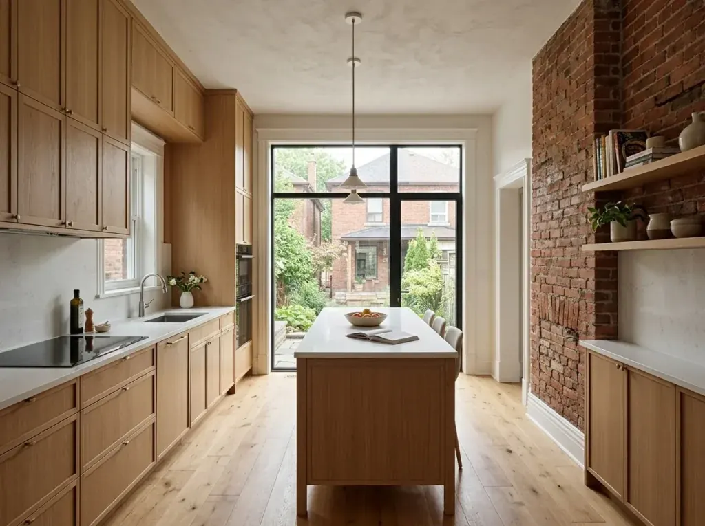 Design concept of a renovated kitchen in an older Toronto semi-detached house, with white oak cabinets, a slim island and exposed brick